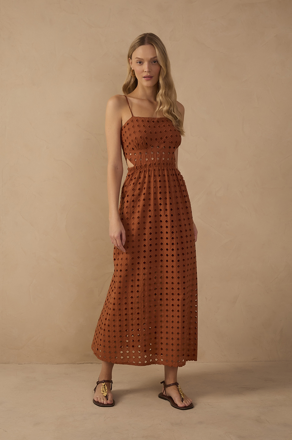 Brown Eyelet Smocked Midi Dress in Brown