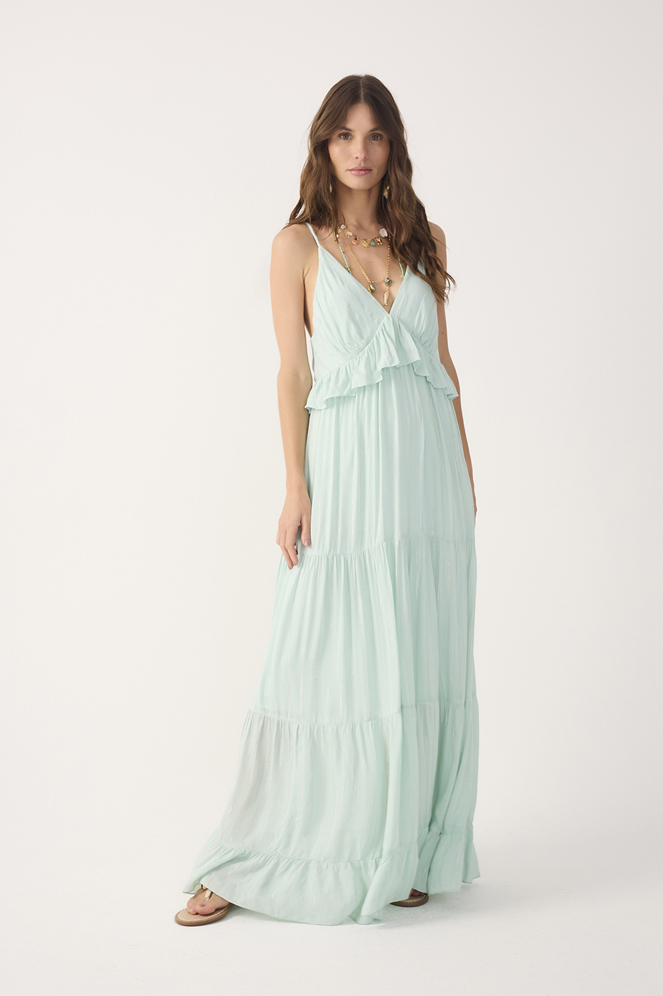 Green Ruffled V Neck Maxi Dress_2