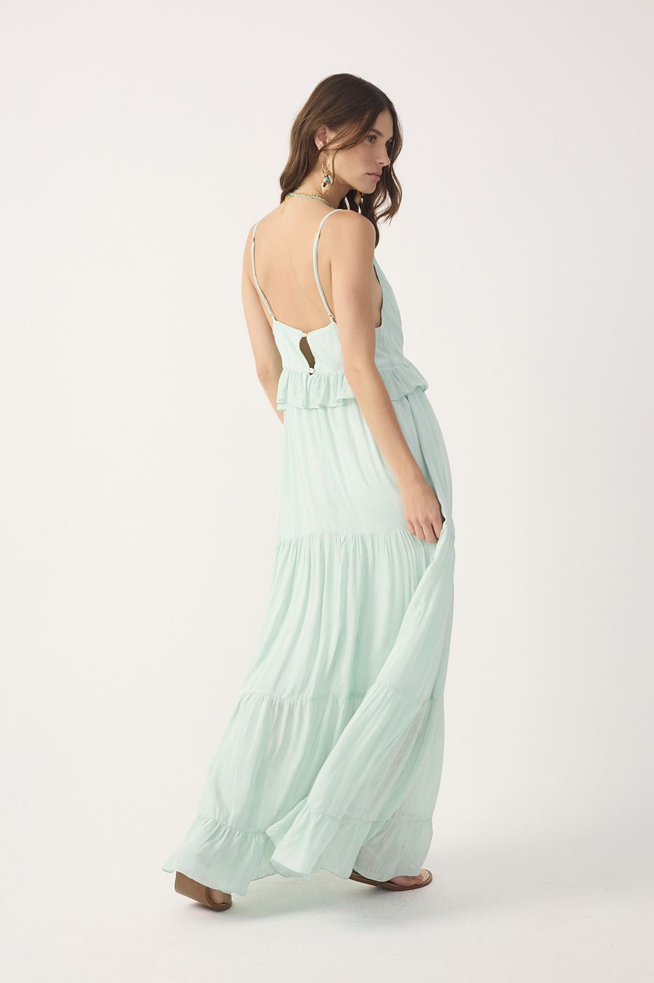 Green Ruffled V Neck Maxi Dress_6