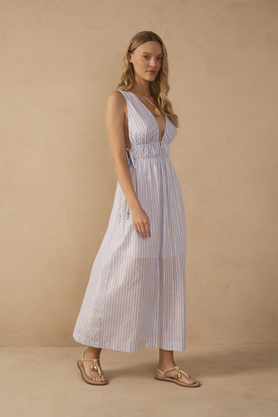 cotton striped midi dress Blue Stripes Lurex V Neck Cotton Midi Dress in Striped