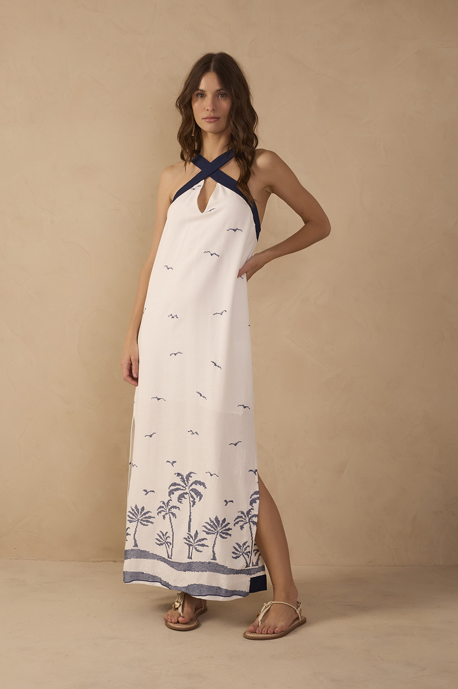 Off-White Embroidered Linen Maxi Dress