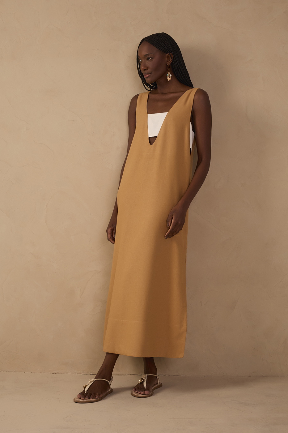 Beige Cut-Out Side Slit Linen Midi Dress