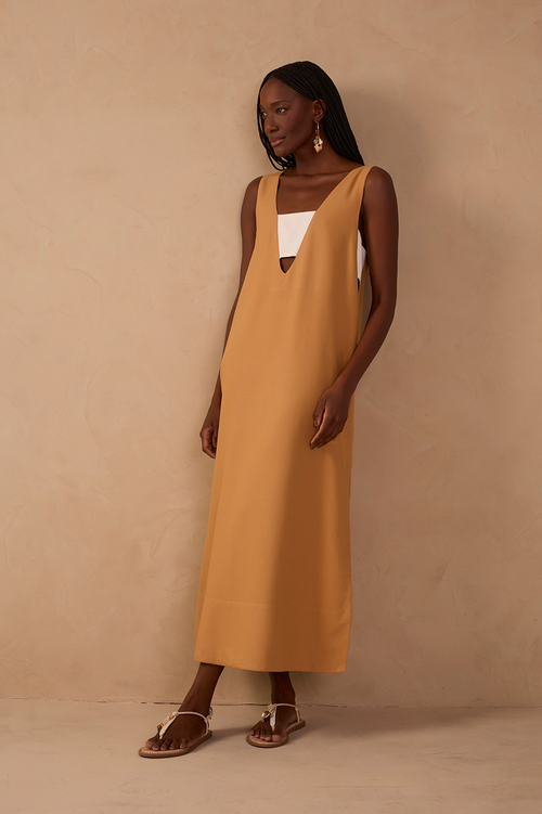Beige Cut-Out Side Slit Linen Midi Dress_1