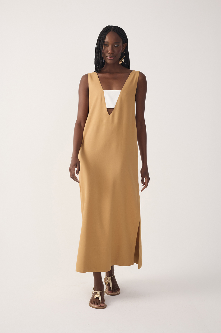 Beige Cut-Out Side Slit Linen Midi Dress