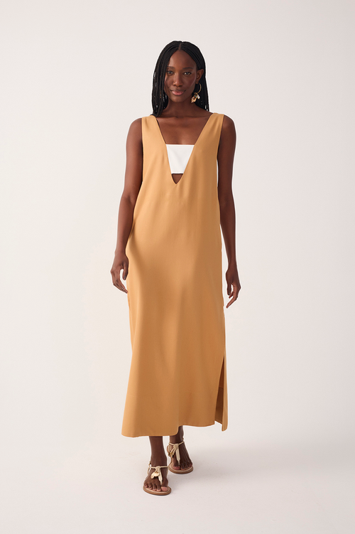 Beige Cut-Out Side Slit Linen Midi Dress_2