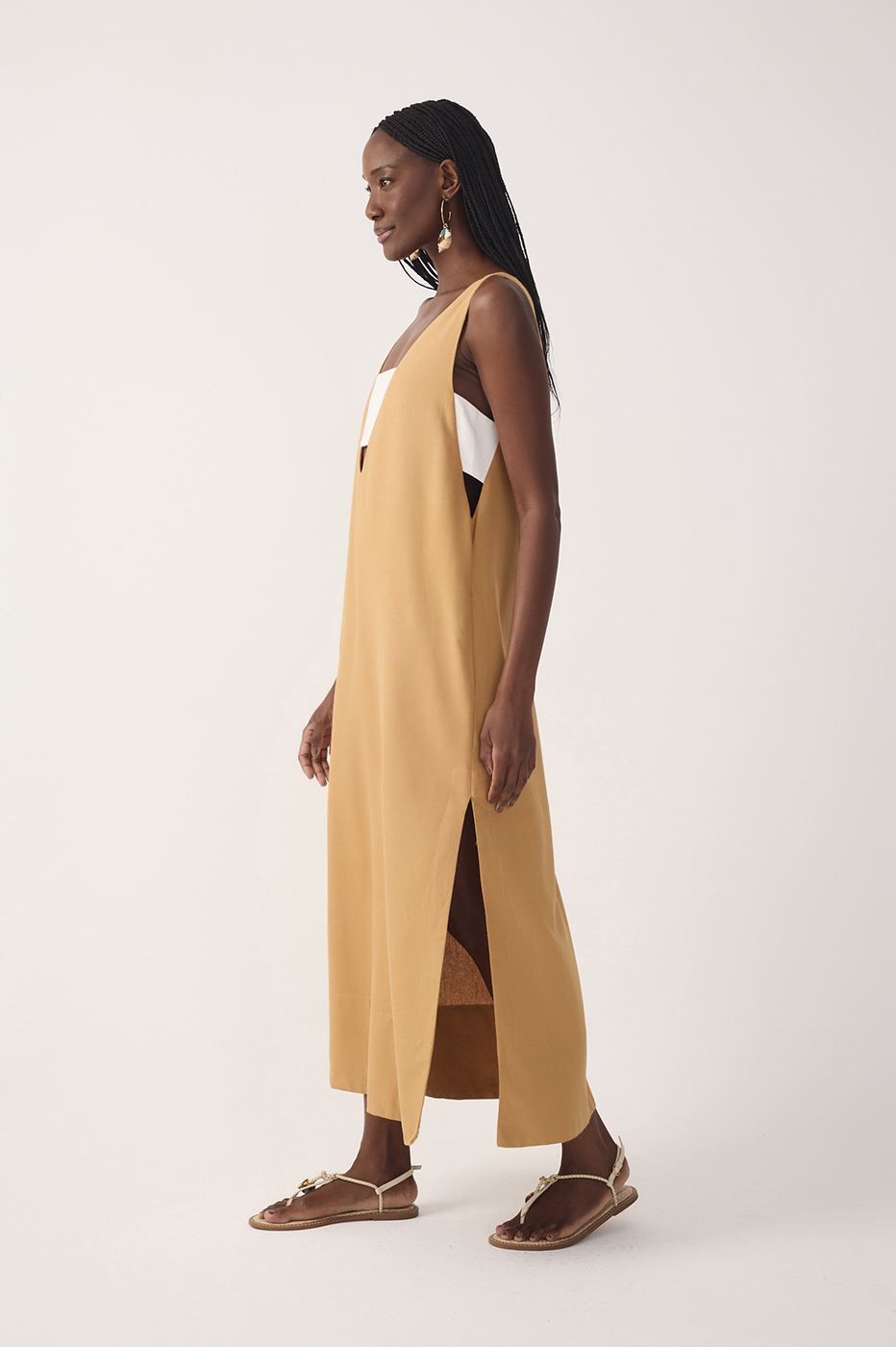 Beige Cut-Out Side Slit Linen Midi Dress