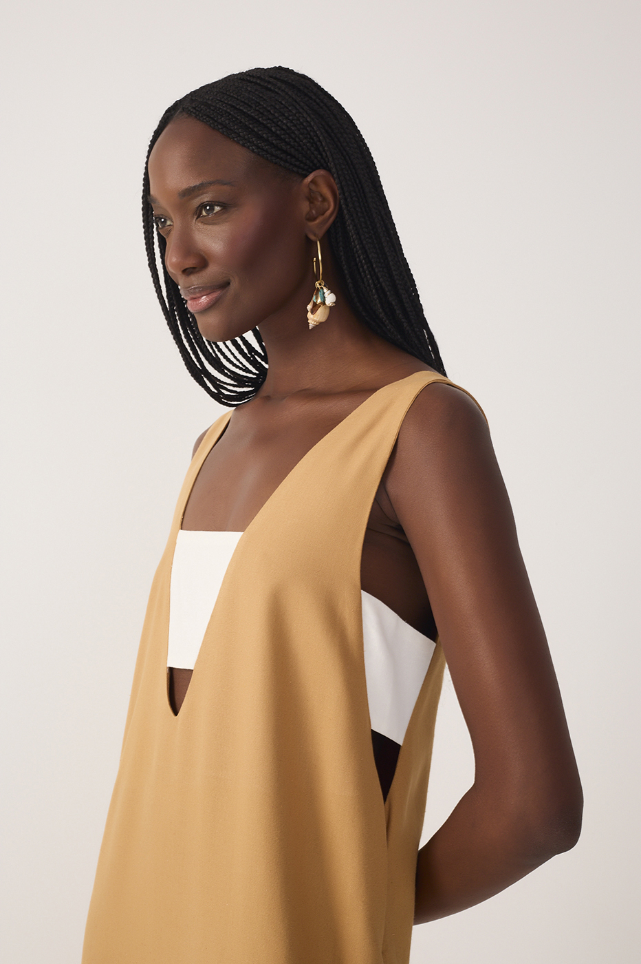 Beige Cut-Out Side Slit Linen Midi Dress in Summer Beige-off White