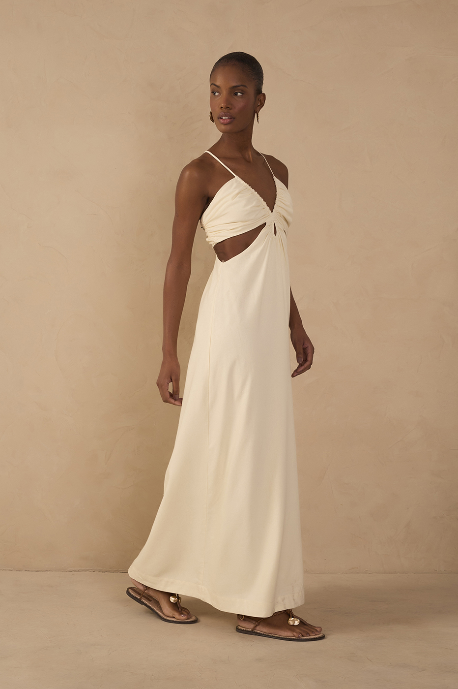 Beige Frayed Bust V Neck Maxi Dress in Shell Beige