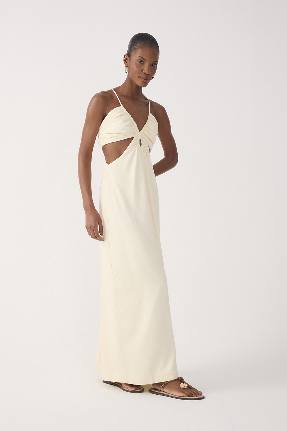 Beige Frayed Bust V Neck Maxi Dress in Shell Beige