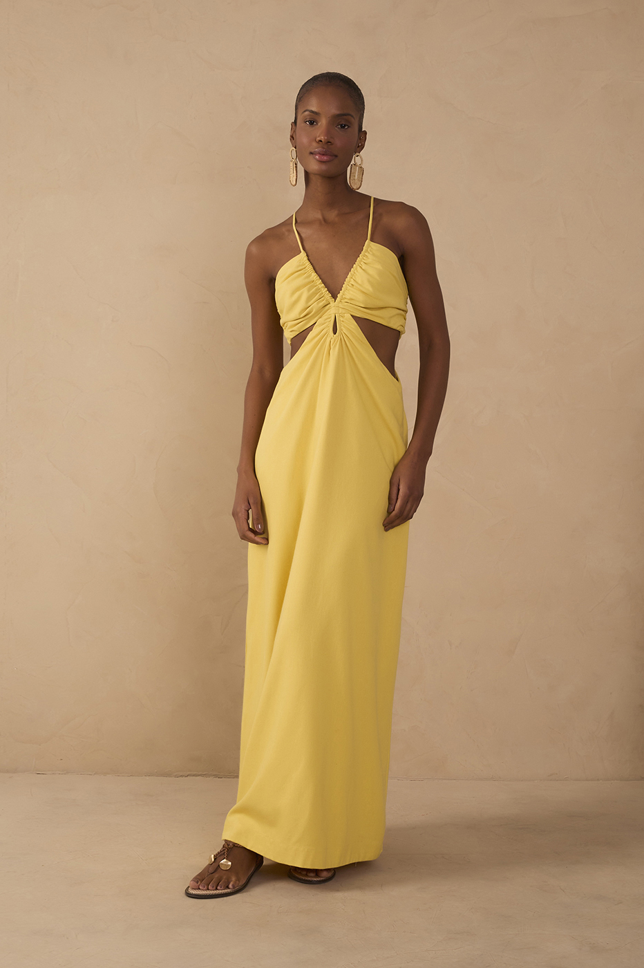 Yellow Frayed Bust V Neck Maxi Dress in Yellow