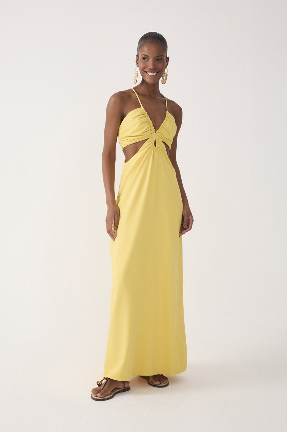 Yellow Frayed Bust V Neck Maxi Dress in Yellow