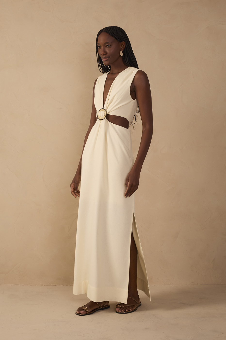 Beige V Neck Beaded Ring Linen Maxi Dress_1