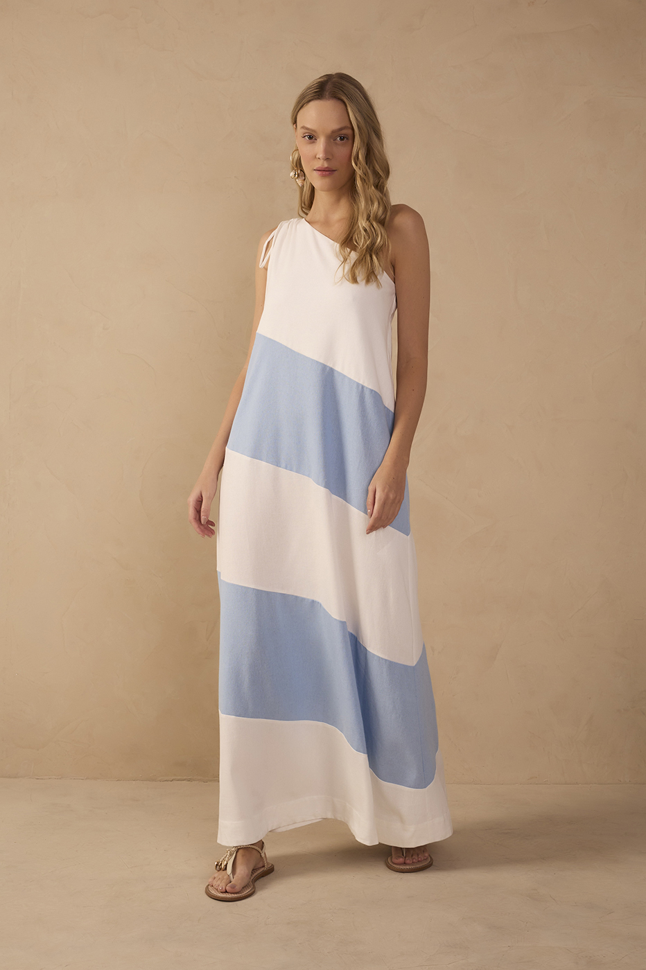 Blue Bicolor One Shoulder Linen Maxi Dress