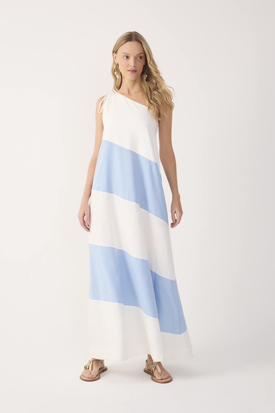 Blue Bicolor One Shoulder Linen Maxi Dress in Poetry Blue-off White | Dress To Blue Bicolor One Shoulder Linen Maxi Dress in Poetry Blue-off White | Dress To