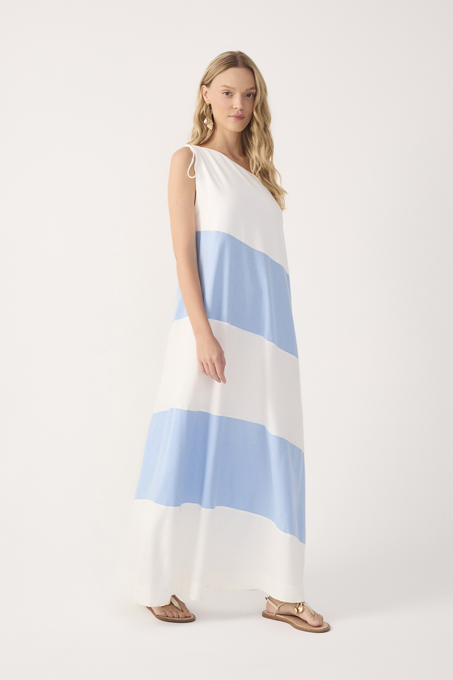 Blue Bicolor One Shoulder Linen Maxi Dress Blue Bicolor One Shoulder Linen Maxi Dress