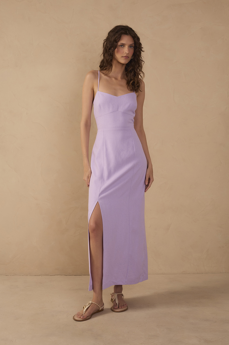 Lilac Topstitching Slit Midi Dress_1