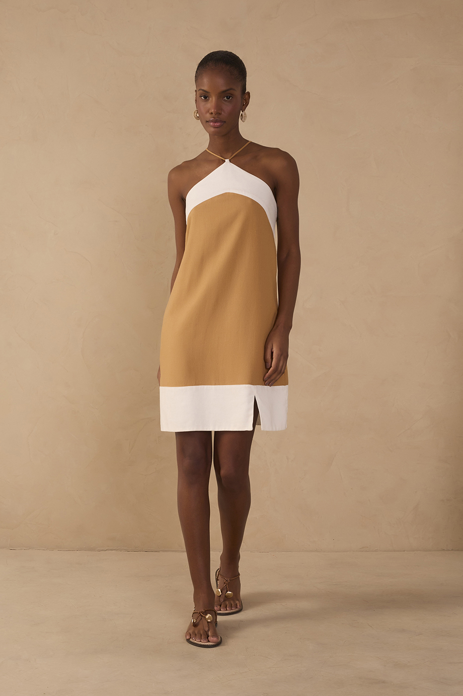 Beige Bicolor Halter Neck Mini Dress_1