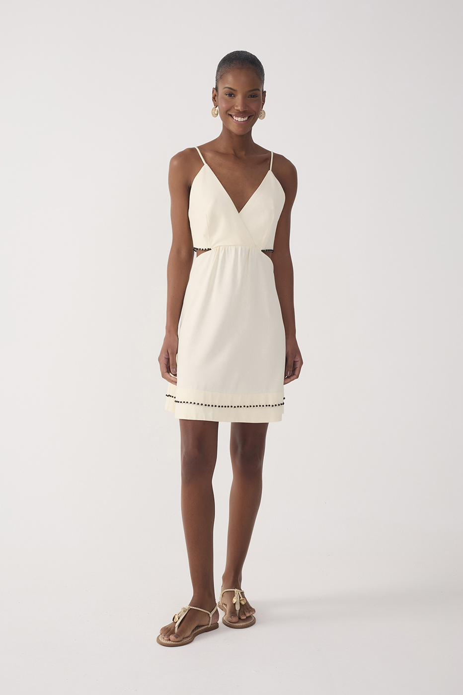 Beige Bead Embroidered Linen Mini Dress_3
