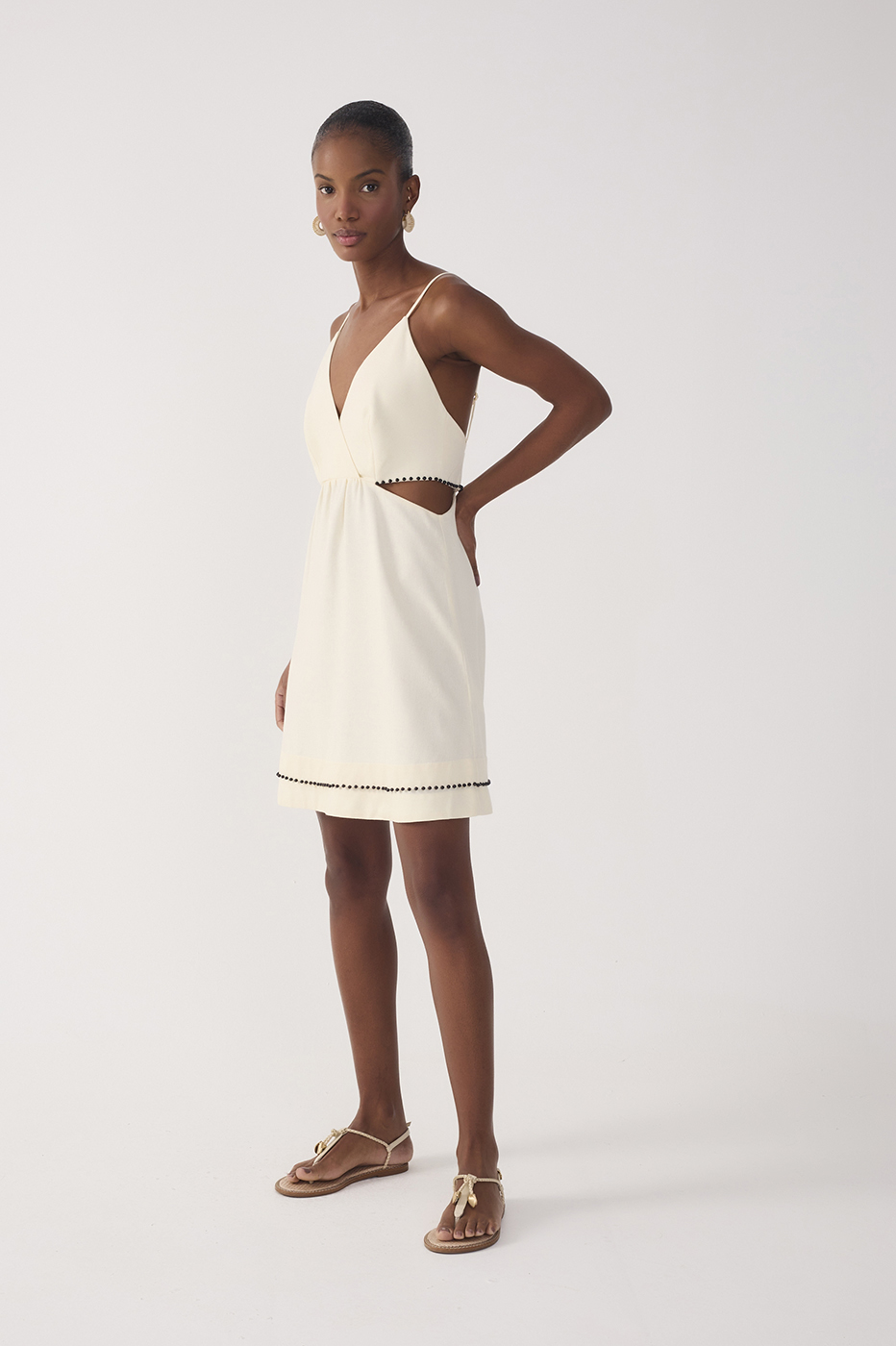 Beige Bead Embroidered Linen Mini Dress_4