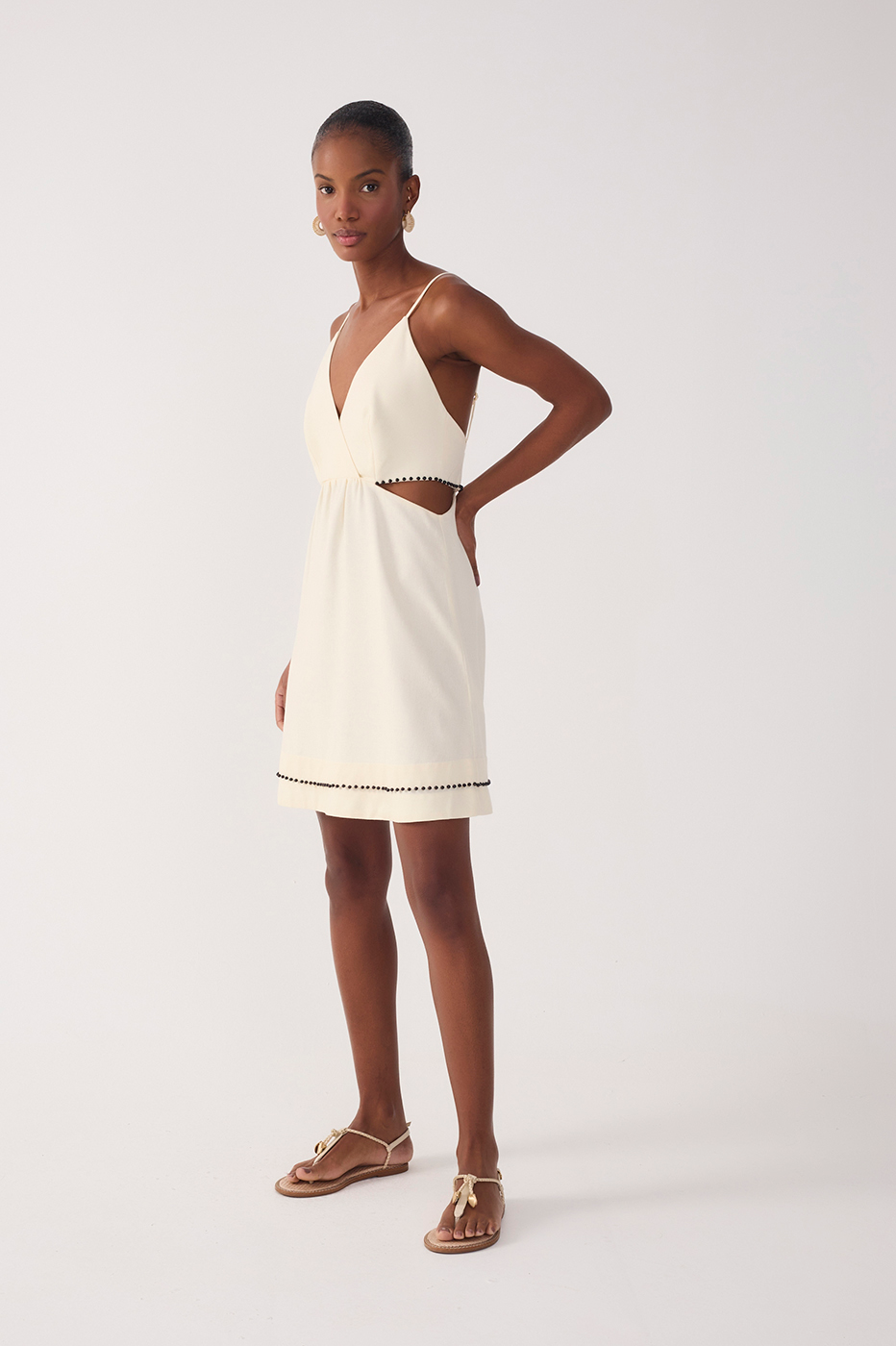 Beige Bead Embroidered Linen Mini Dress_4