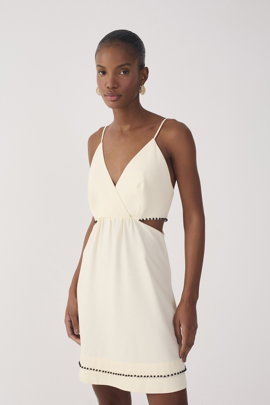 Beige Bead Embroidered Linen Mini Dress_5