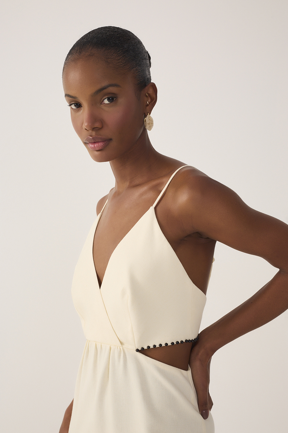 Beige Bead Embroidered Linen Mini Dress_6