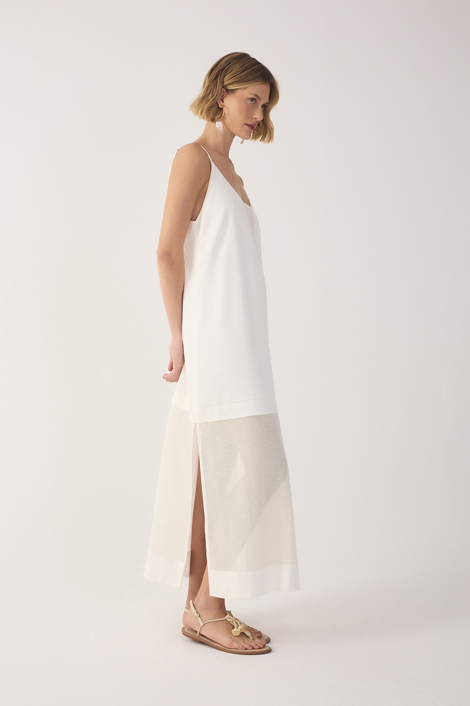 White Mesh Panel Linen Dress in White White Mesh Panel Linen Dress in White
