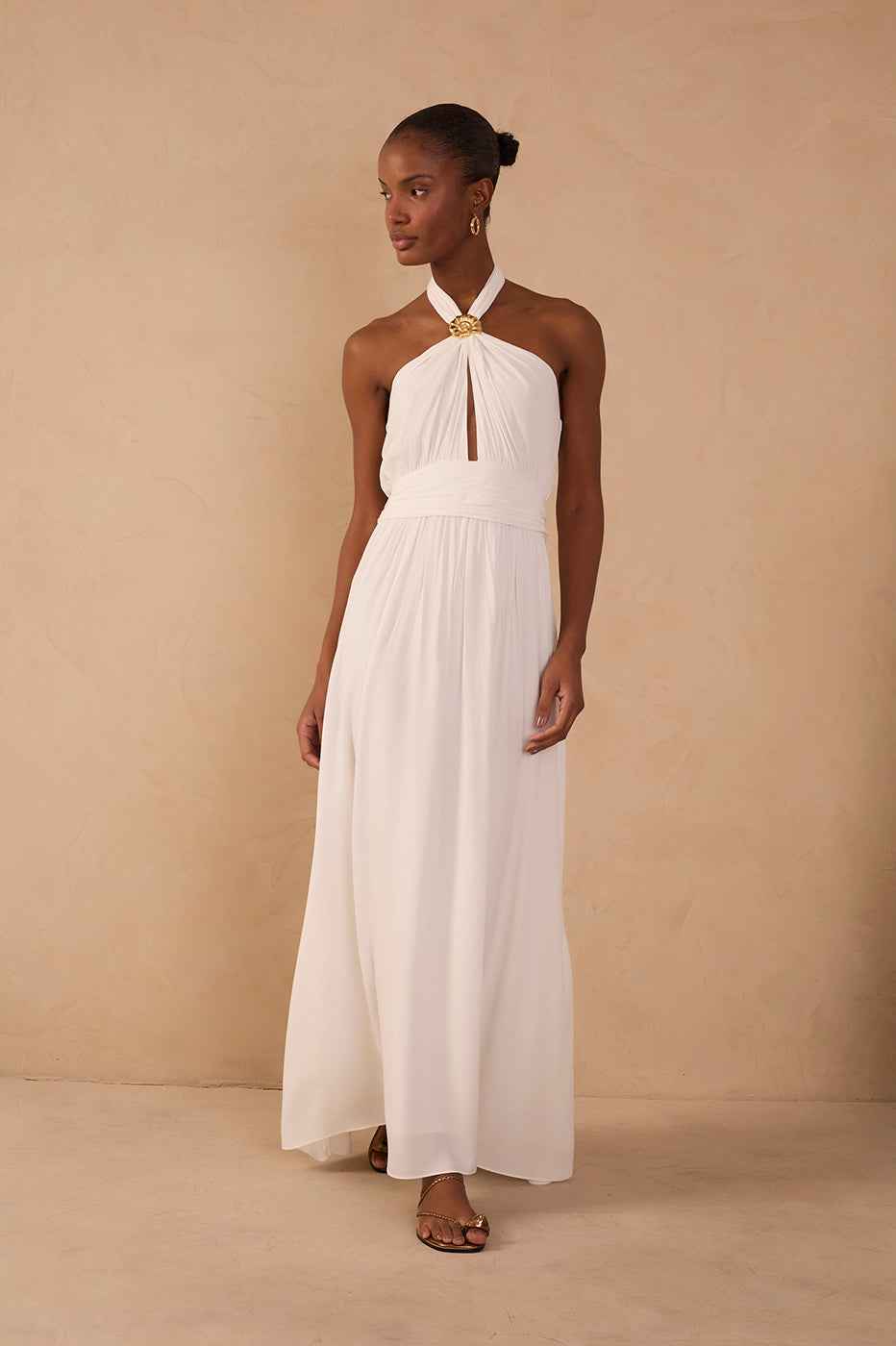 Off-White Ruched Halter Crepe Maxi Dress in Off White
