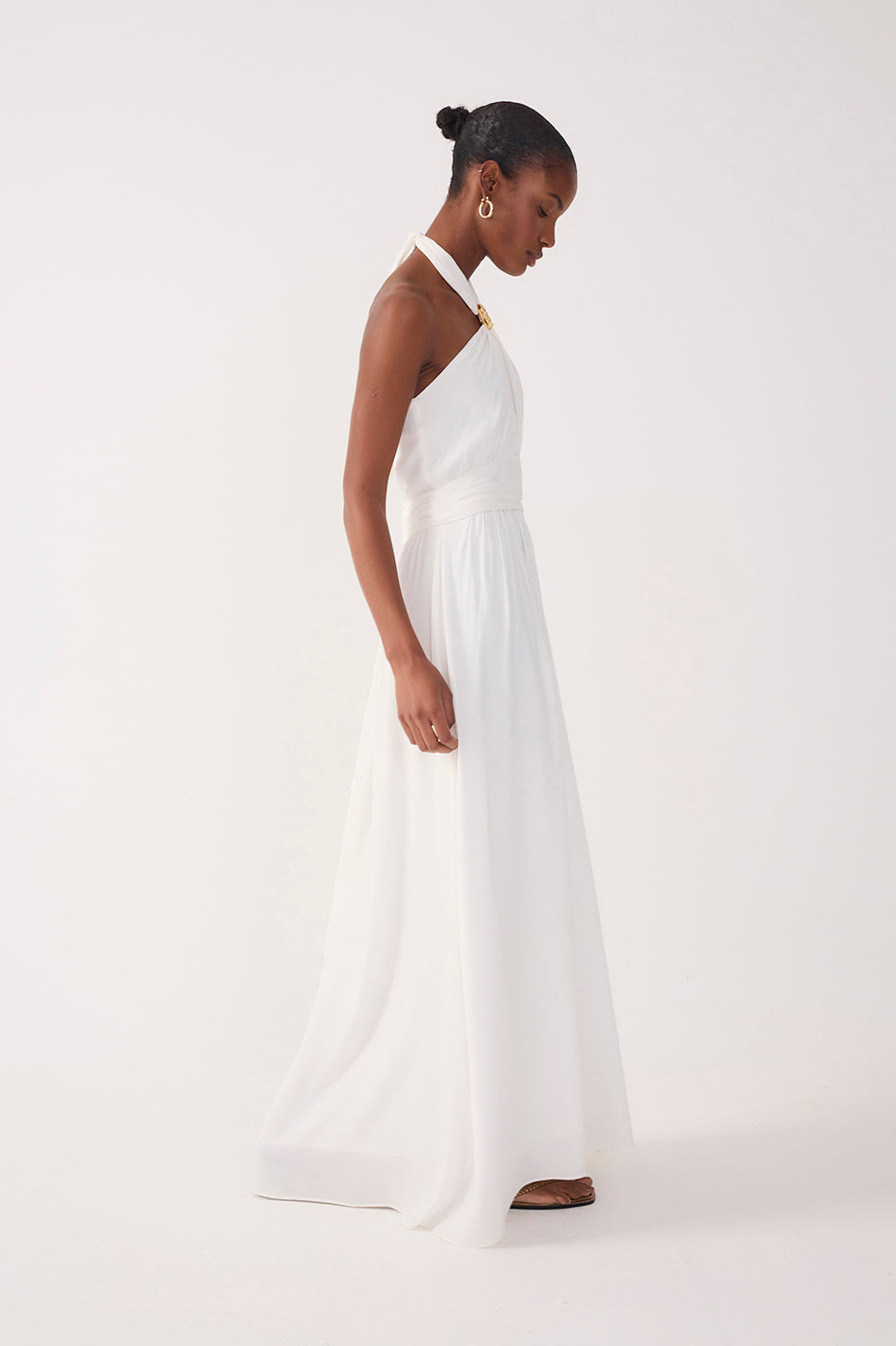 Off-White Ruched Halter Crepe Maxi Dress - Off White / XXS Off-White Ruched Halter Crepe Maxi Dress - Off White / XXS