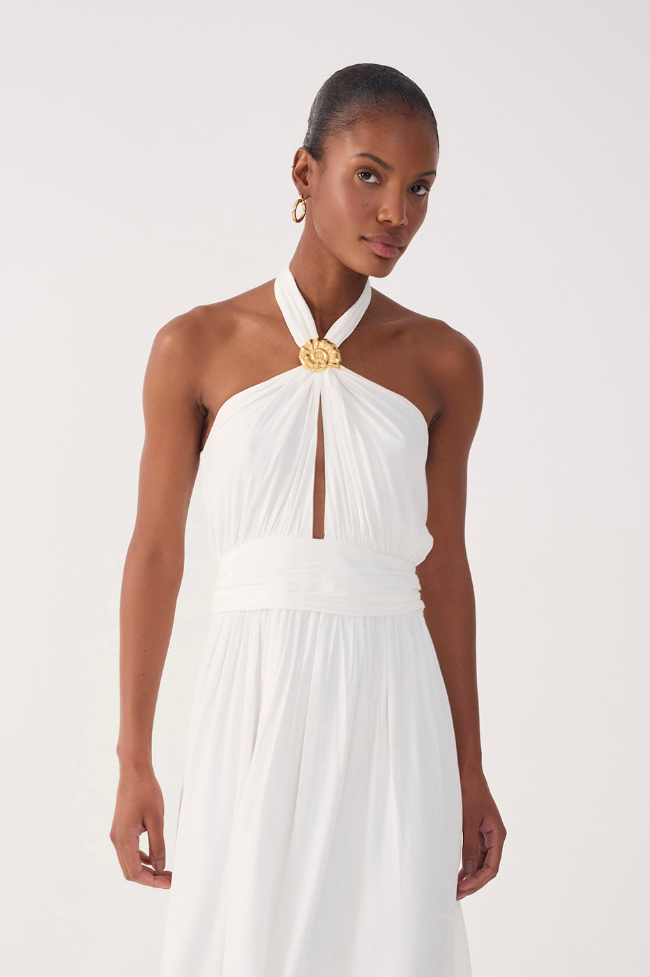 Off-White Ruched Halter Crepe Maxi Dress - Off White / XXS Off-White Ruched Halter Crepe Maxi Dress - Off White / XXS