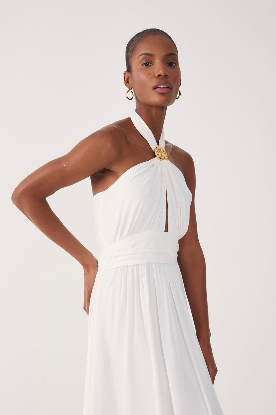 Off-White Ruched Halter Crepe Maxi Dress_5