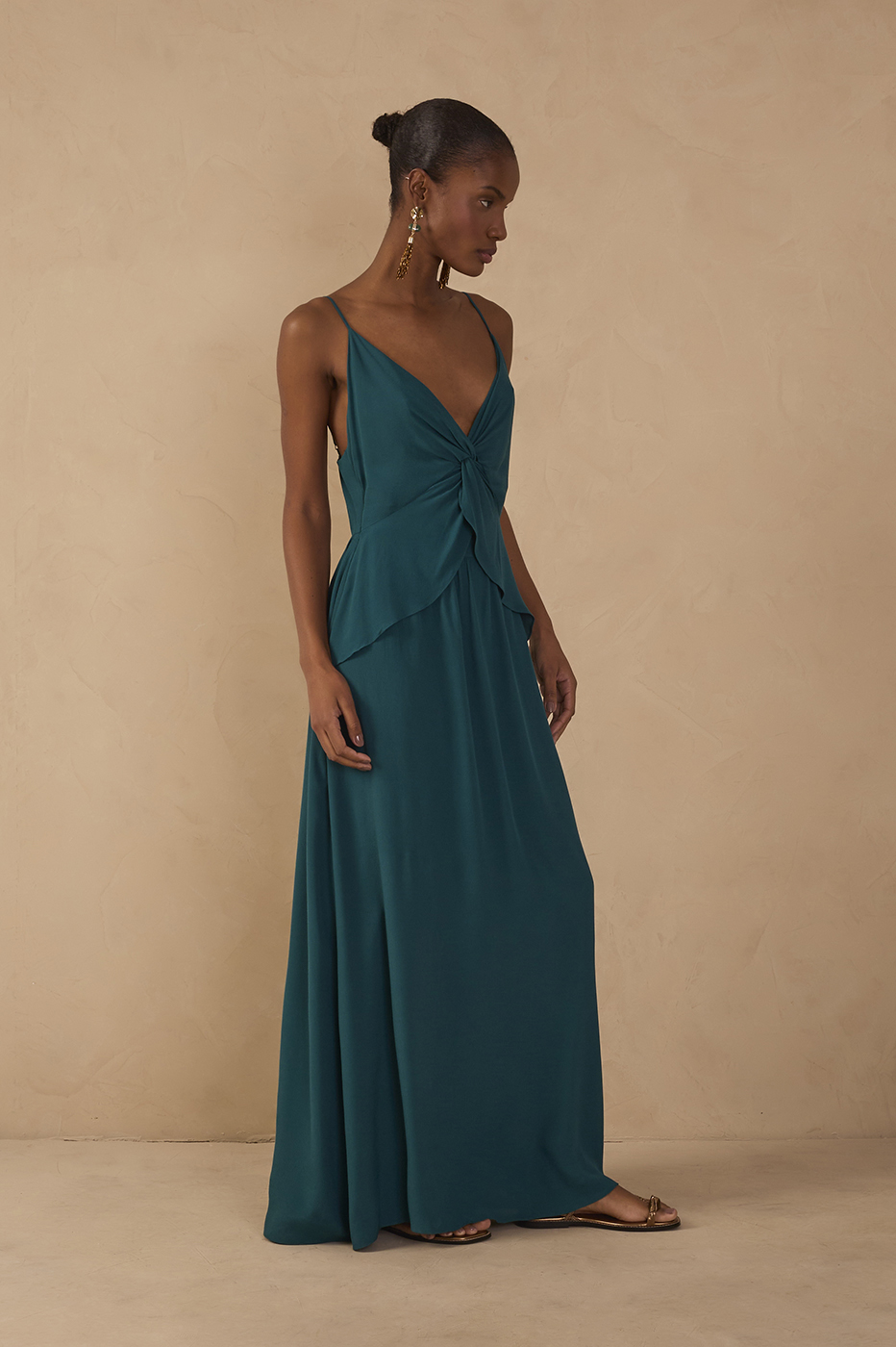 Green V Neck Crepe Maxi Dress_1