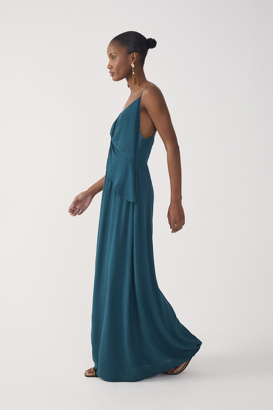 Green V Neck Crepe Maxi Dress_5