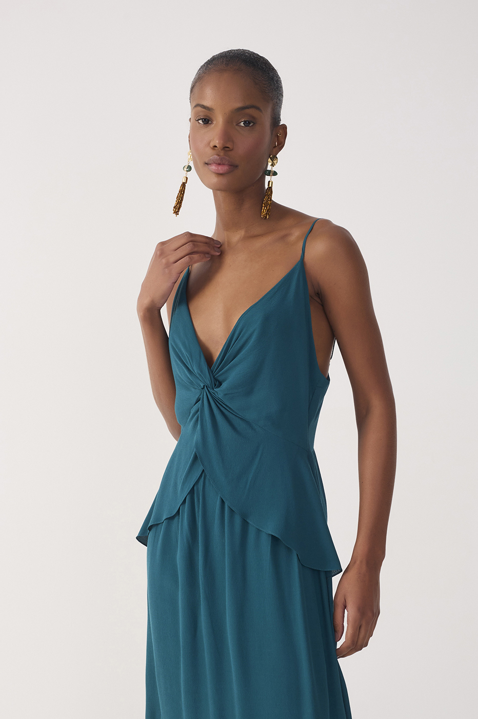 Green V Neck Crepe Maxi Dress_6