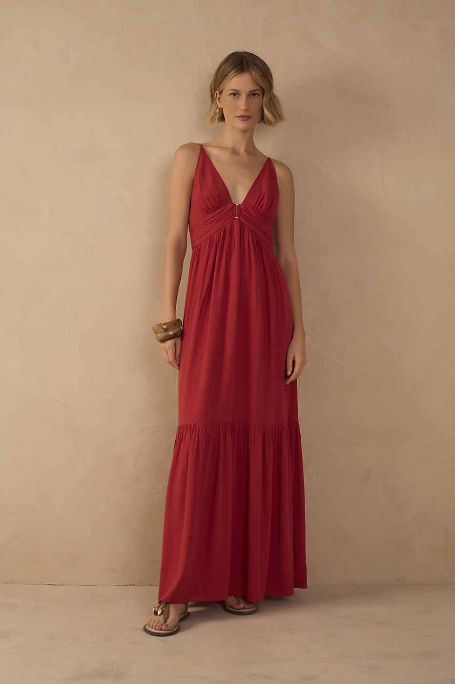 Red Tiered Sleeveless Crepe Maxi Dress Red Tiered Sleeveless Crepe Maxi Dress