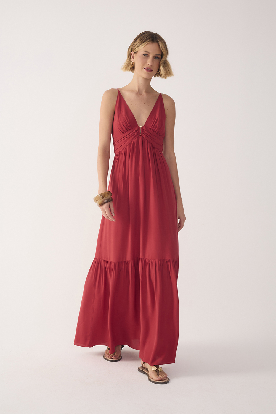 red tiered maxi dress Red Tiered Sleeveless Crepe Maxi Dress