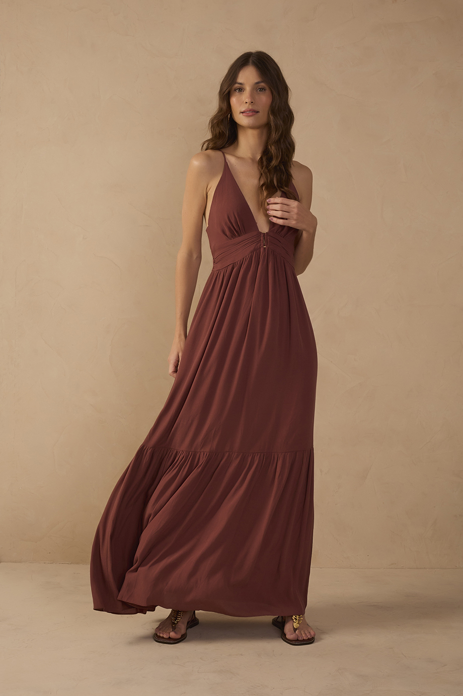crepe tiered maxi dress Brown Tiered Sleeveless Crepe Maxi Dress