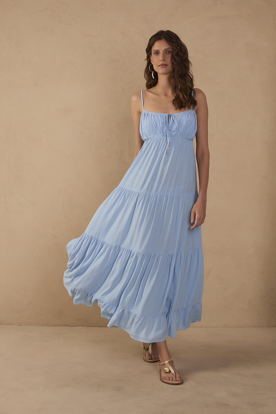 Blue Tiered Crepe Ruched Bust Midi Dress_1