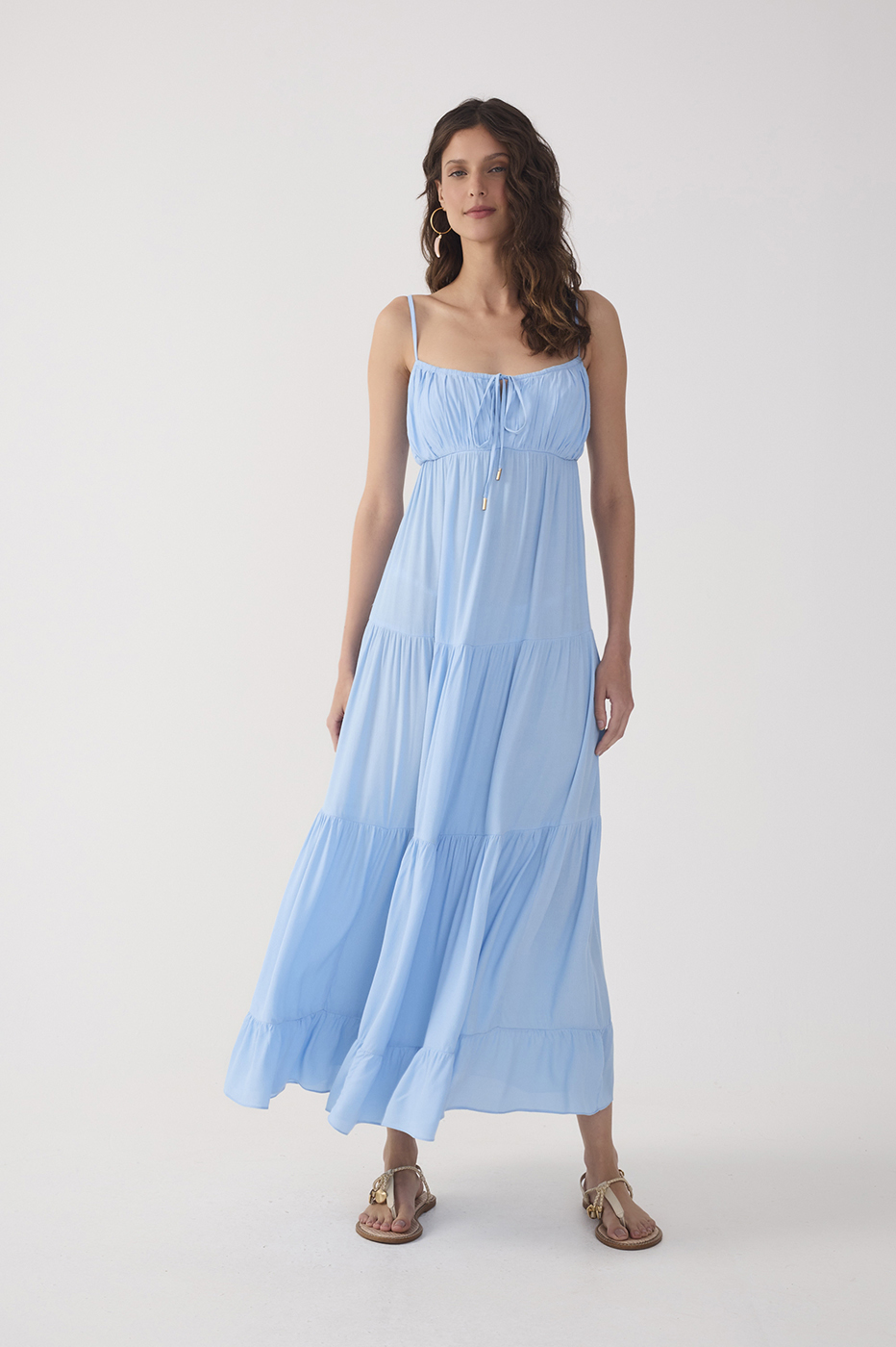 Blue Tiered Crepe Ruched Bust Midi Dress_2