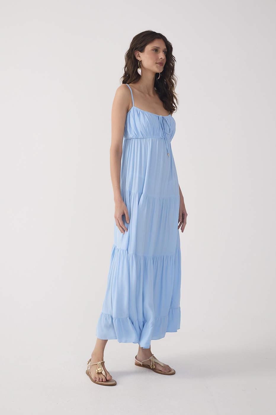 Blue Tiered Crepe Ruched Bust Midi Dress_3