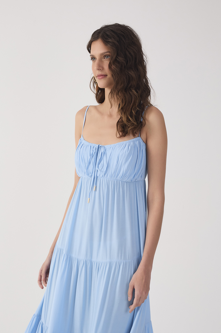 Blue Tiered Crepe Ruched Bust Midi Dress_4