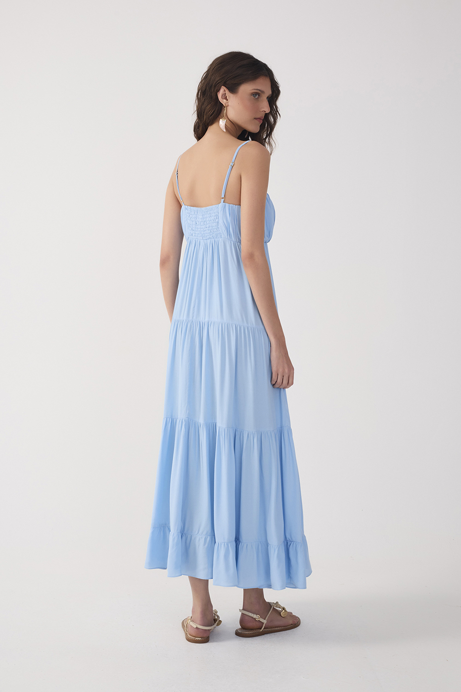 Blue Tiered Crepe Ruched Bust Midi Dress_6