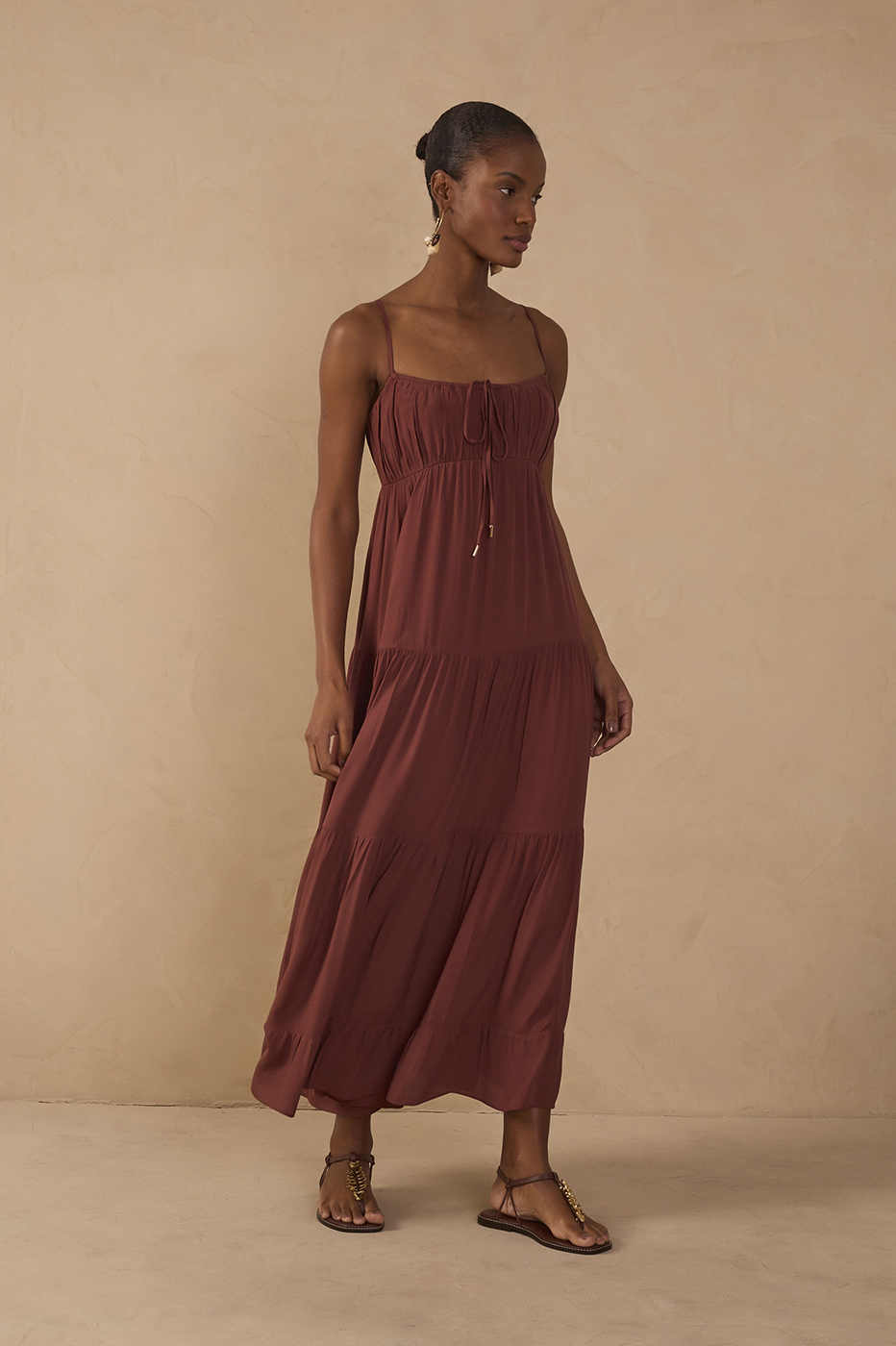 Brown Tiered Ruched Bust Midi Dress_1