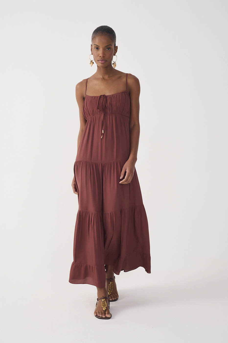 Brown Tiered Ruched Bust Midi Dress_2