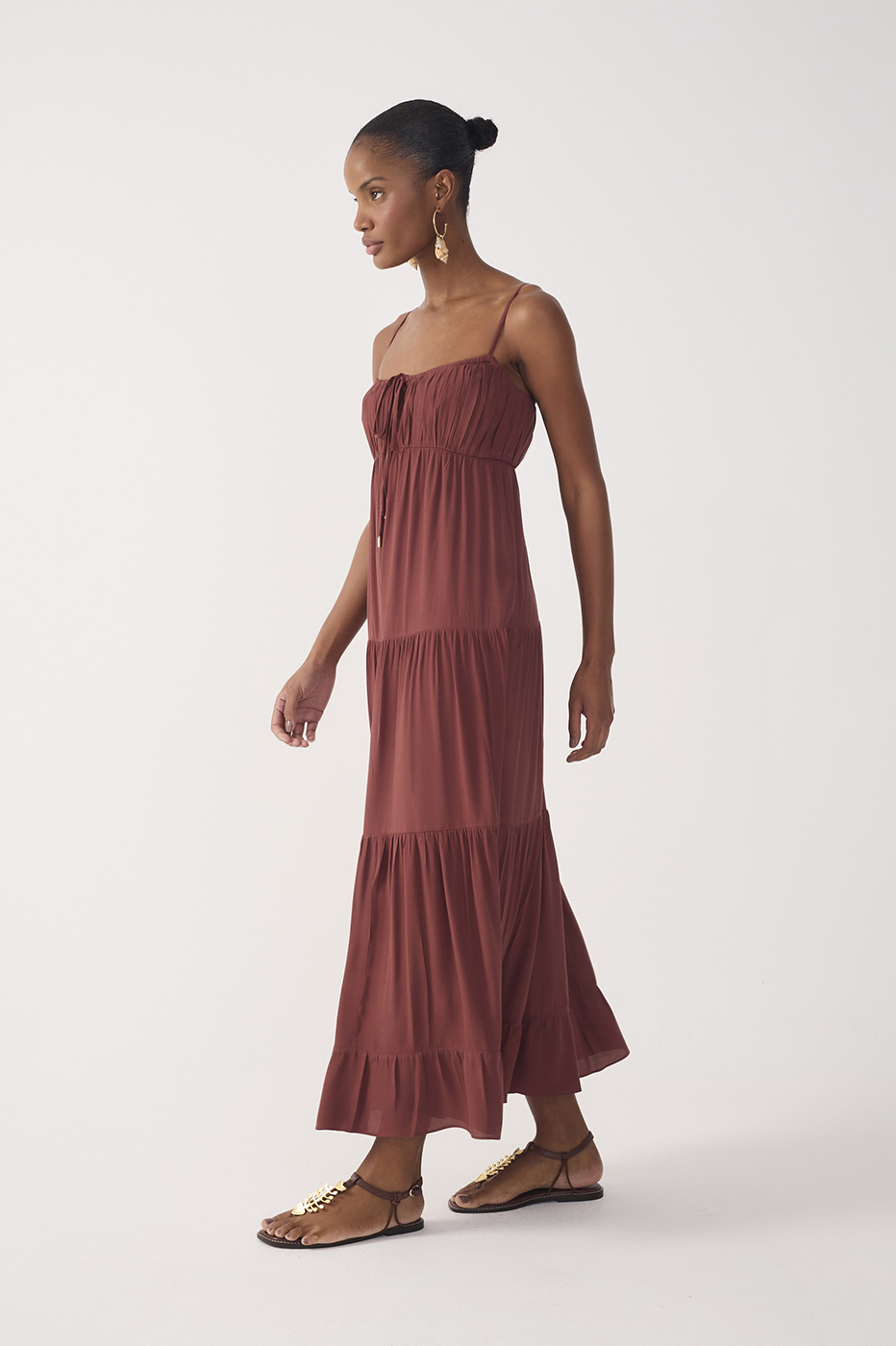 Brown Tiered Ruched Bust Midi Dress_3