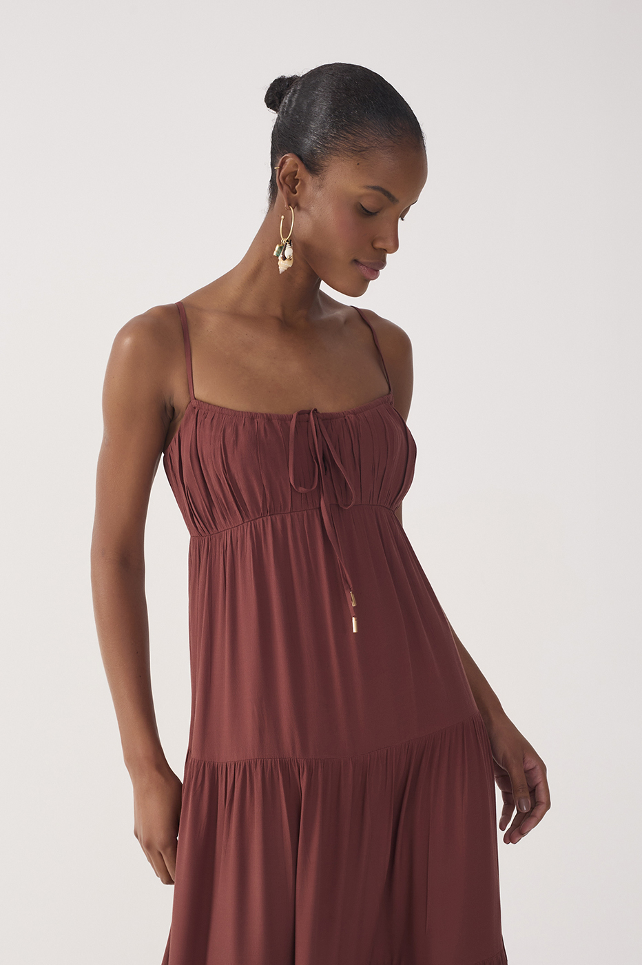 Brown Tiered Ruched Bust Midi Dress_4