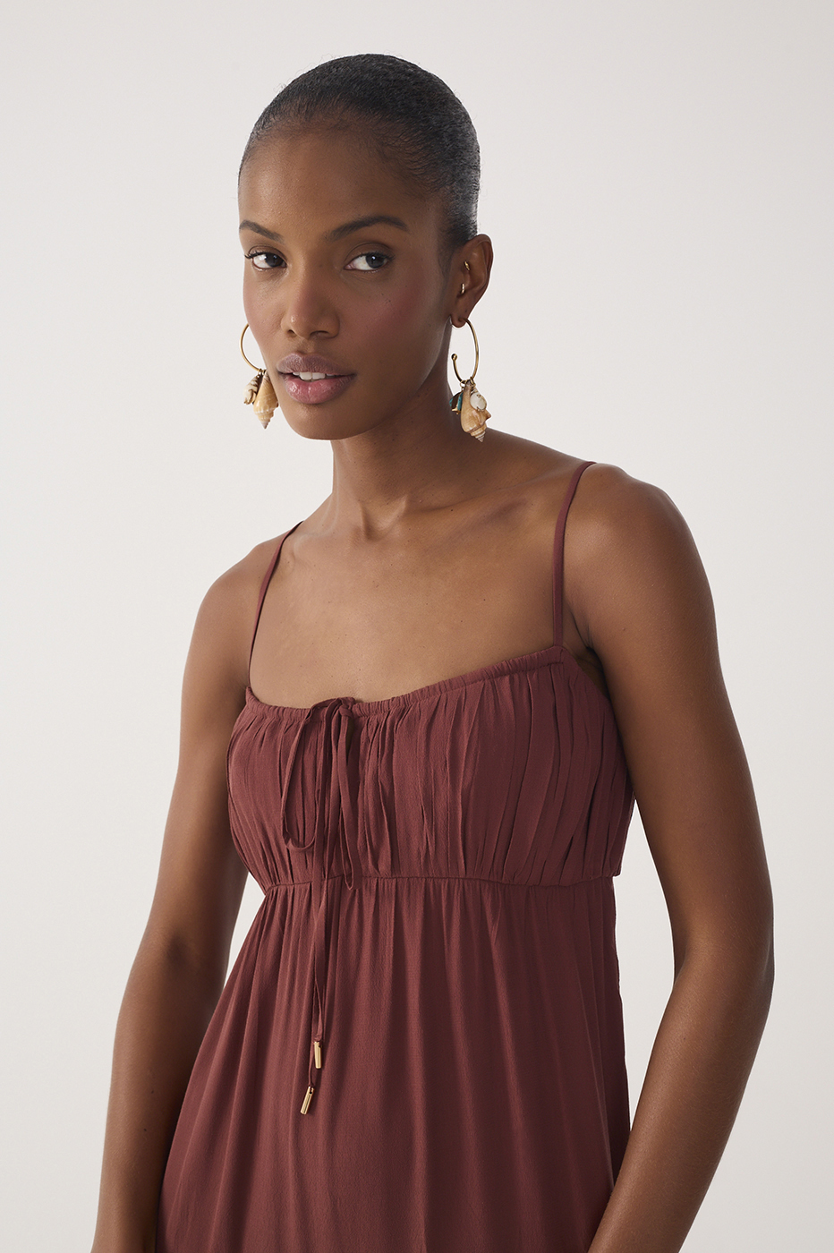 Brown Tiered Ruched Bust Midi Dress_5