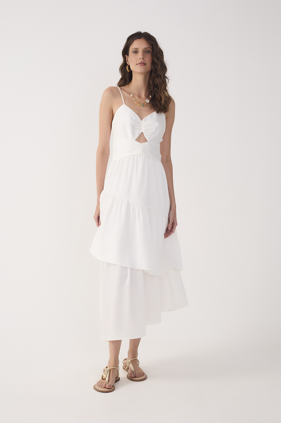 Off-White Ruched Tiered Midi Dress_2