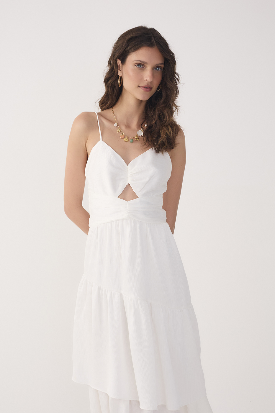 Off-White Ruched Tiered Midi Dress_4