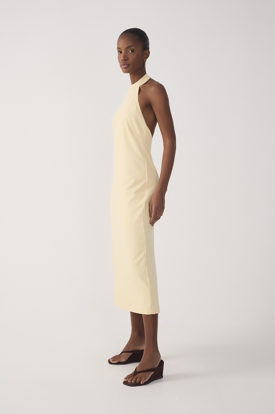 Beige Halter Neck Tailored Midi Dress_3